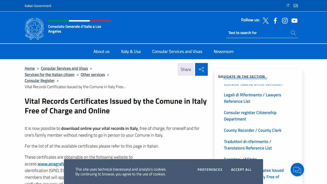 Vital Records Certificates Issued by the Comune in Italy Free of Charge and Online – Consolato Generale d'Italia a Los Angeles